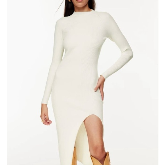Aritzia Dresses & Skirts - Aritzia Wilfred Womens Cream Sweater Dress Small Slit Mock Neck Ribbed Knit